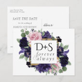 weelderige bloesems | Paarse en Roze Roos Save the Aankondigingskaart (Voorkant / Achterkant)