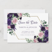 weelderige bloesems | Paarse en roze rozenboekette Save The Date (Voorkant)