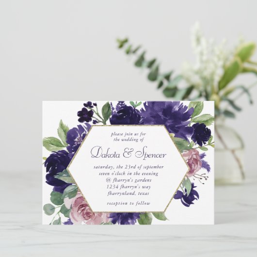 weelderige bloesems | Roze en Paarse krans gouden  Kaart (Staand voorkant)