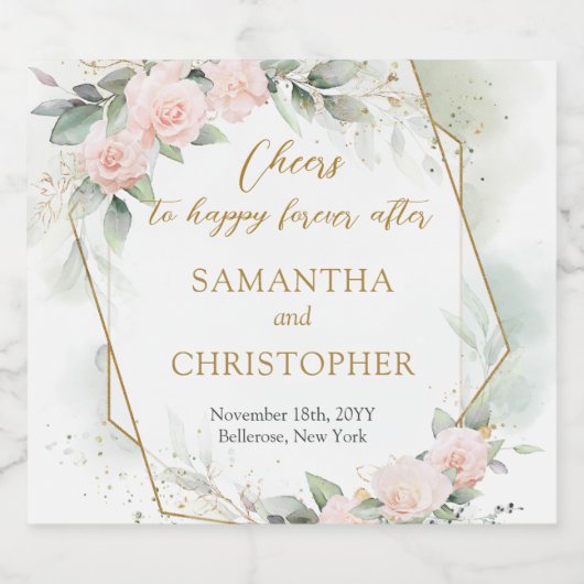 Weelderige blos rozen eucalyptus en gouden bruilof bier etiket (Enkel label)