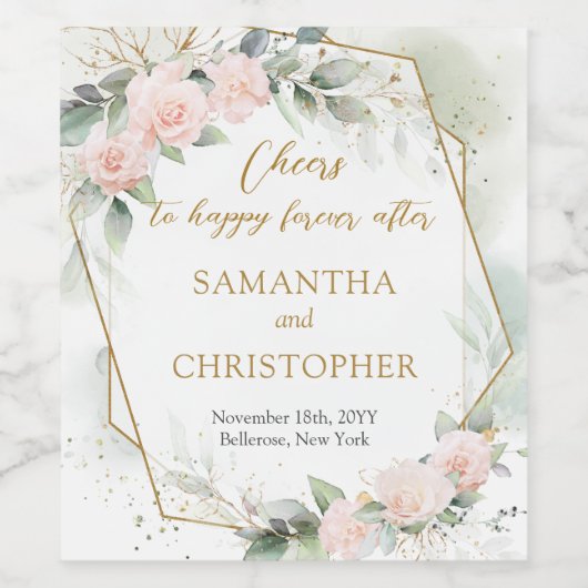 Weelderige blos rozen eucalyptus en gouden bruilof wijn etiket (Enkel label)