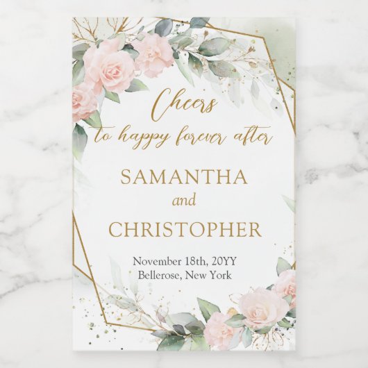 Weelderige blos rozen eucalyptus en gouden bruilof wijn etiket (Enkel label)