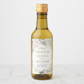 Weelderige blos rozen eucalyptus en gouden bruilof wijn etiket (Voorkant)