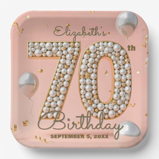 Weelderige Blush Roze Gouden Parel Mozaïek 70ste V Papieren Bordje (Voorkant)