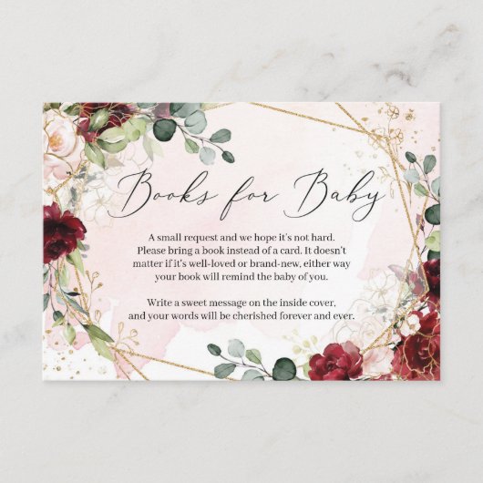 Weelderige bordeauxrode bloem gouden geometrische  informatiekaartje (Voorkant)