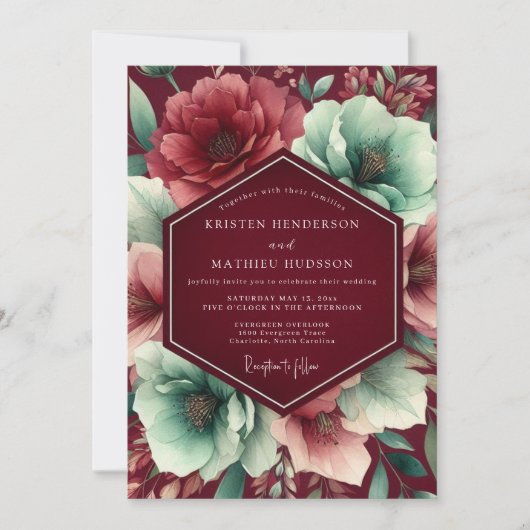 Weelderige botanische Burgundy bruiloft Kaart (Voorkant)