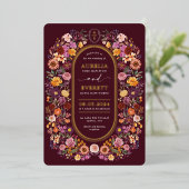 Weelderige Bourgondische Wildflowers Monogram Cres Folie Uitnodiging (Staand Voorkant)