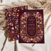 Weelderige Bourgondische Wildflowers Monogram Cres Folie Uitnodiging