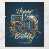 Weelderige Chic Gold en Blue Edelsteen 50e verjaar Wijn Etiket (Enkel label)