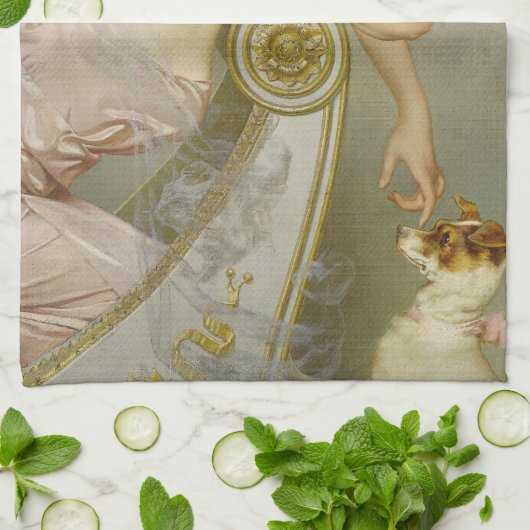 weelderige dame speels plagen haar puppy hond theedoek (Gevouwen)