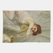 weelderige dame speels plagen haar puppy hond theedoek (Horizontaal)