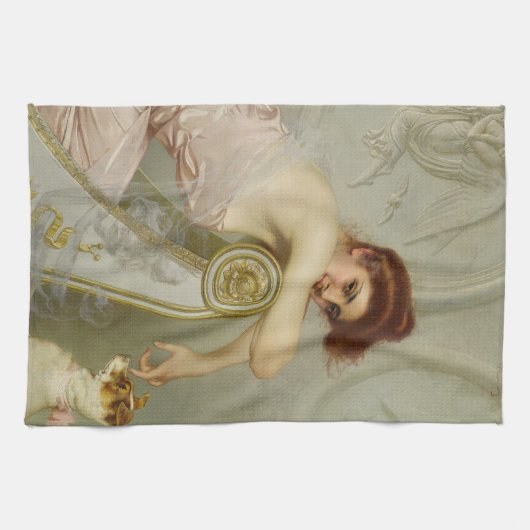 weelderige dame speels plagen haar puppy hond theedoek (Horizontaal)