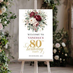 Weelderige donkerrode bloem 80ste verjaardag welko poster