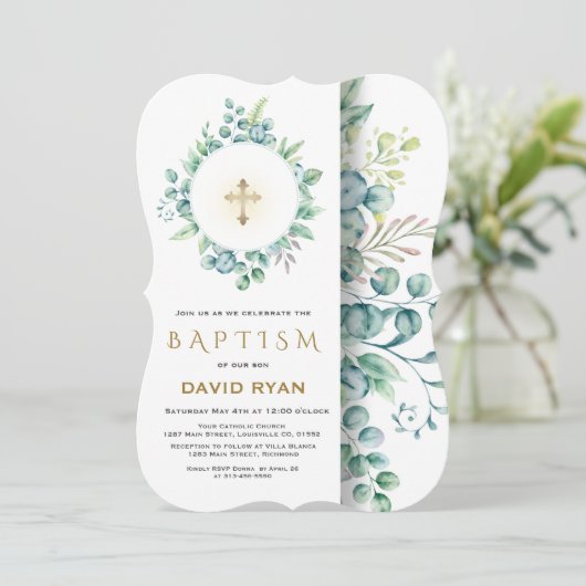 Weelderige Eucalyptus Groene Gouden Kruis Jongens Kaart (Staand voorkant)