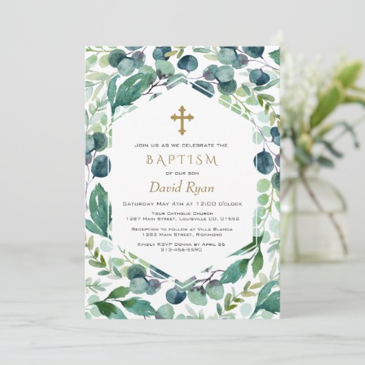 Weelderige Eucalyptuslijst Gouden Kruis Jongens Do Kaart (Staand voorkant)