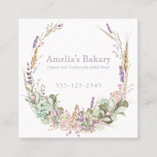 Weelderige Floral tarwe, roze en lavendel krans ba Vierkante Visitekaartje (Voorkant)