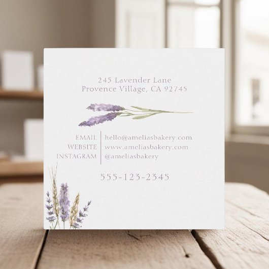Weelderige Floral tarwe, roze en lavendel krans ba Vierkante Visitekaartje