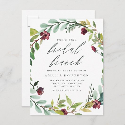 Weelderige gebladerte krans handgeschreven bruids uitnodiging briefkaart (Voorkant / Achterkant)