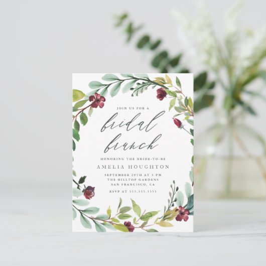 Weelderige gebladerte krans handgeschreven bruids  uitnodiging briefkaart (Staand voorkant)