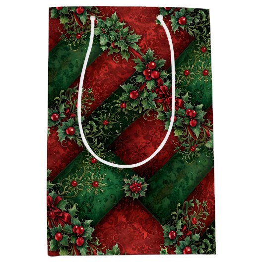 Weelderige gotische kerst hulst & damast medium cadeauzakje (Voorkant)