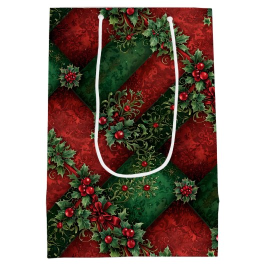 Weelderige gotische kerst hulst & damast medium cadeauzakje (Achterkant)