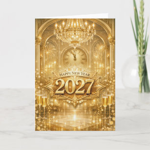Weelderige Gouden Balzaal Gelukkig Nieuwjaar 2027 Feestdagen Kaart