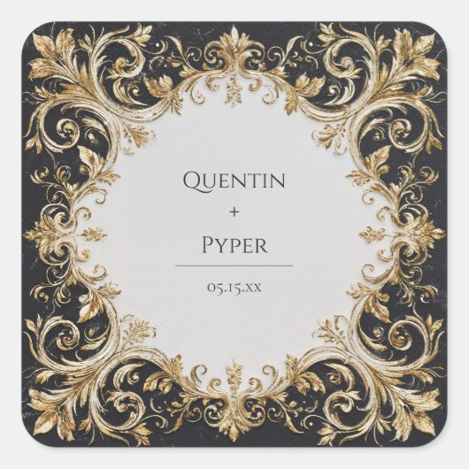 Weelderige Gouden Barok Versierde Marmeren Bruilof Vierkante Sticker (Voorkant)