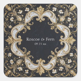 Weelderige Gouden Barok Witte Bloem Zwarte Bruilof Vierkante Sticker