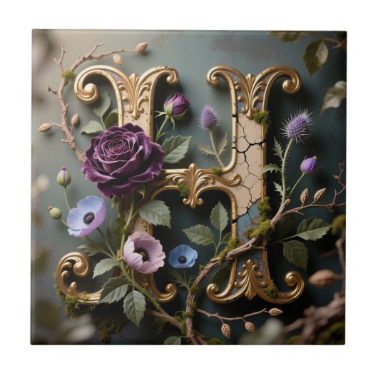 Weelderige gouden bloemletter H monogram Tegeltje (Voorkant)