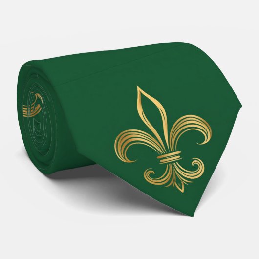 Weelderige Gouden Fleur-de-lis Mardi Gras Groene C Stropdas (Opgerold)
