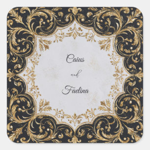 Weelderige Gouden Glitter Barok Zwart Bruiloft Vierkante Sticker
