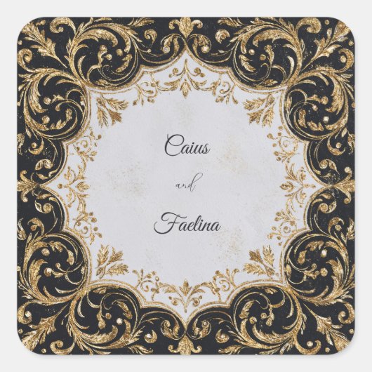 Weelderige Gouden Glitter Barok Zwart Bruiloft Vierkante Sticker (Voorkant)
