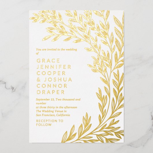 weelderige gouden groen informele bruiloft folie uitnodiging (Voorkant)