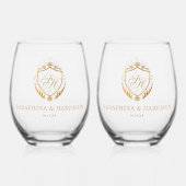 Weelderige gouden kuif monogram bruiloft wijnglas zonder voet (Achterkant)