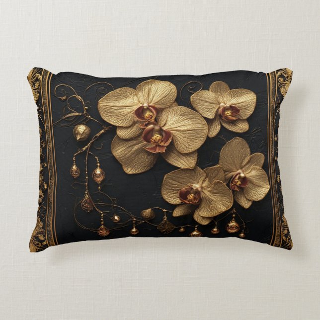 Weelderige Gouden Orchidee Bloemstuk Kunstwerk Accent Kussen (Voorkant)