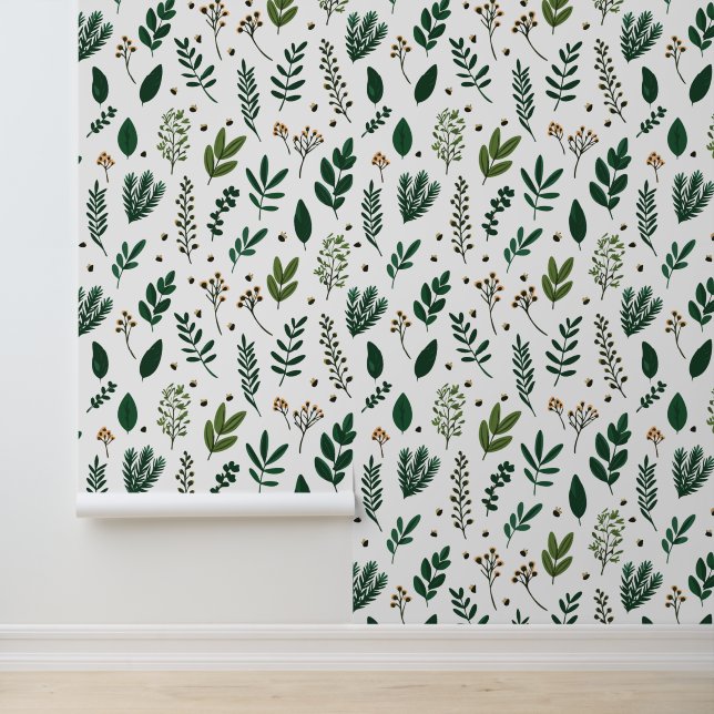 Weelderige groene bladeren en bloemen op wit behang (Applicatie)