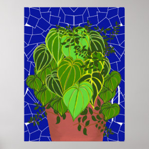 Weelderige groene bladeren in terracotta op blauwe poster