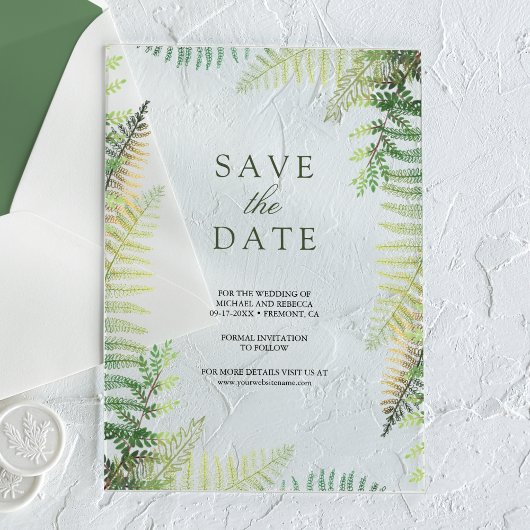 Weelderige groene varens Huwelijk Save the Date Acryl Uitnodigingen