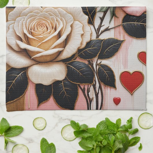Weelderige harten en Rozen Theedoek (Gevouwen)