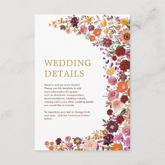 Weelderige Herfst Wildflower Meadow Wedding Detail Informatiekaartje (Voorkant)