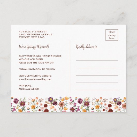 Weelderige Herfst Wildflowers Wedding Save the Dat Aankondigingskaart (Achterkant)