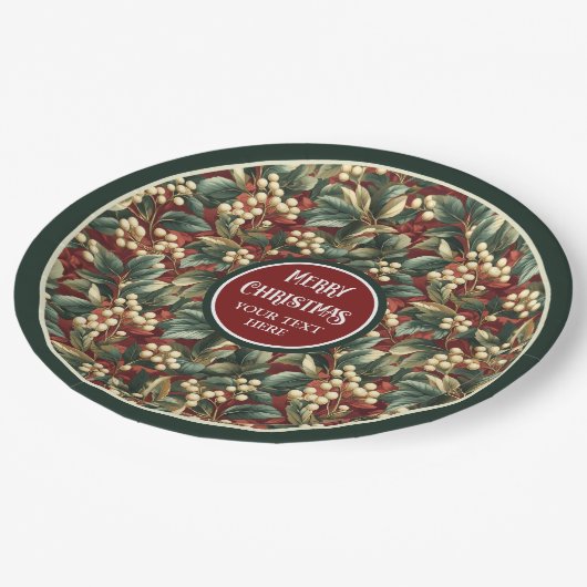 Weelderige kerst hulst bessen groen gedempt papieren bordje (Gekanteld)