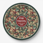 Weelderige kerst hulst bessen groen gedempt papieren bordje (Voorkant)