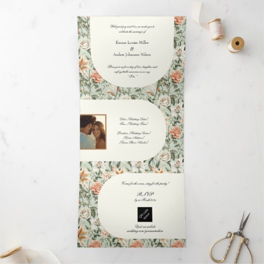Weelderige Luxe, Tiger Lily & Mint, Trifold Weddin Drieluik Kaart (Binnen)