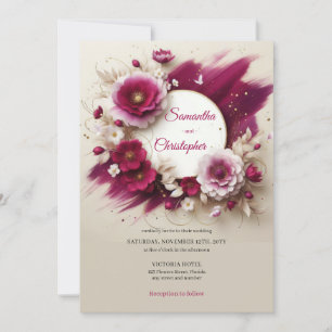 Weelderige magenta bloemen en gouden lijsten bruil kaart