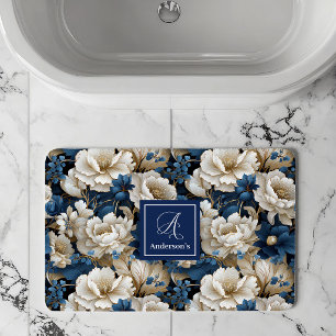 Weelderige marineblauwe bloemen badmat met eigen n