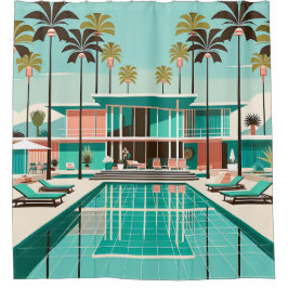 "Weelderige Mid-Century Modern Poolside" Douchegordijn