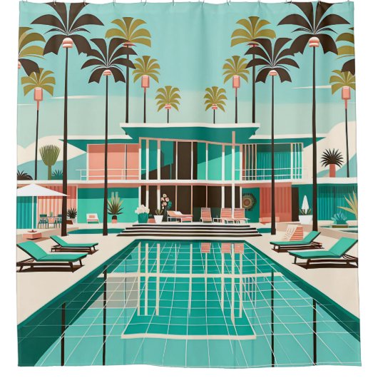 "Weelderige Mid-Century Modern Poolside" Douchegordijn (Voorkant)