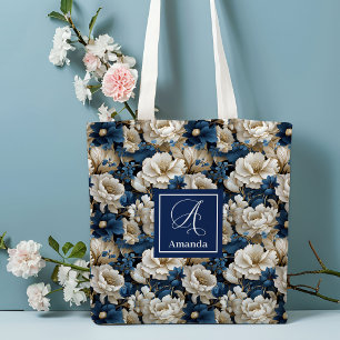 Weelderige Navy Blauwe Bloemen Aangepaste Naam Boo Tote Bag