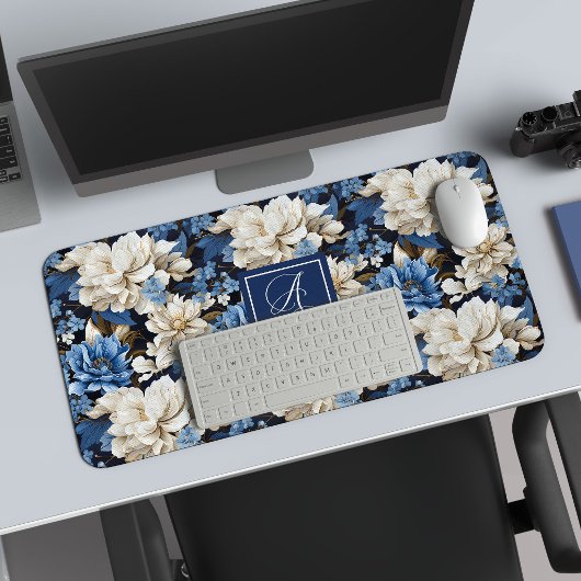 Weelderige Navy Blauwe Bloemen Aangepaste Naam Bur Bureaumat